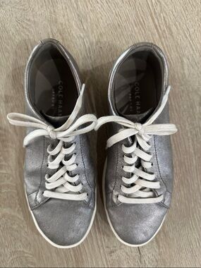 Cole Haan Silver metallic Leather Low-Top Sneakers with White Laces